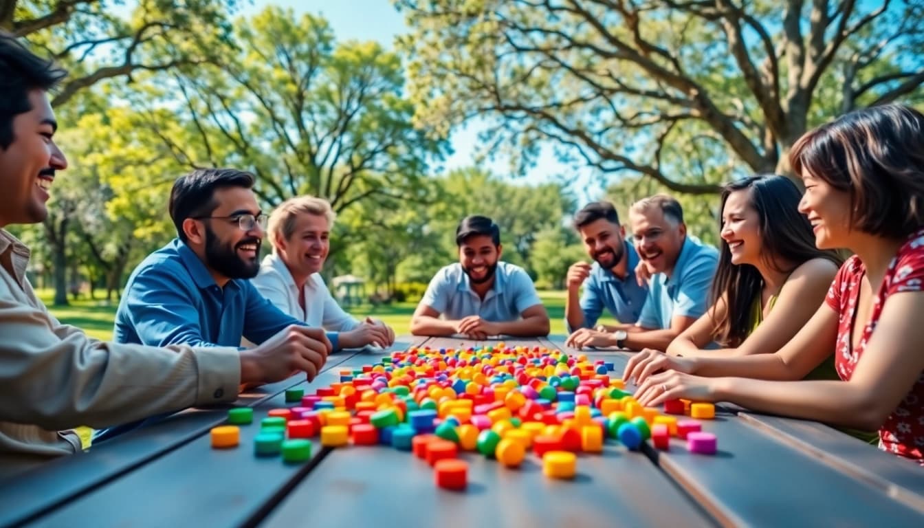 Engaging scene of players enjoying daman games outdoors with vivid colors and joyous atmosphere.