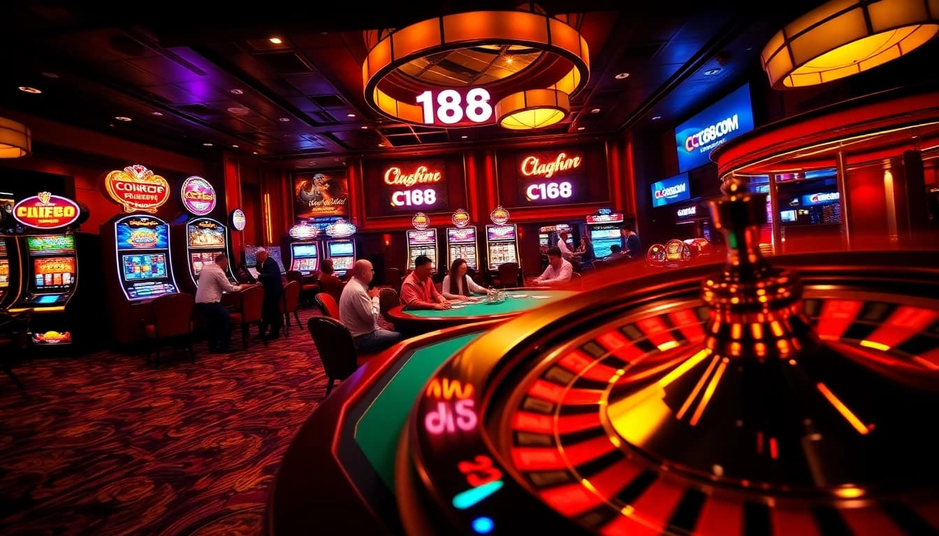 Experience the excitement of C168 COM with players at a poker table amidst vibrant casino lights.