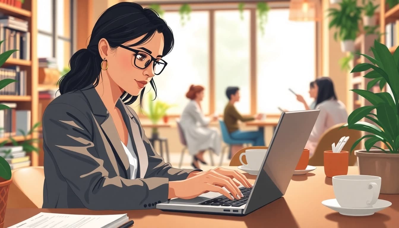 Engaging UK Blog scene illustrating a blogger immersed in writing at a cozy cafe setting.