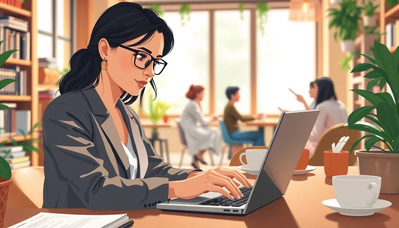 Engaging UK Blog scene illustrating a blogger immersed in writing at a cozy cafe setting.