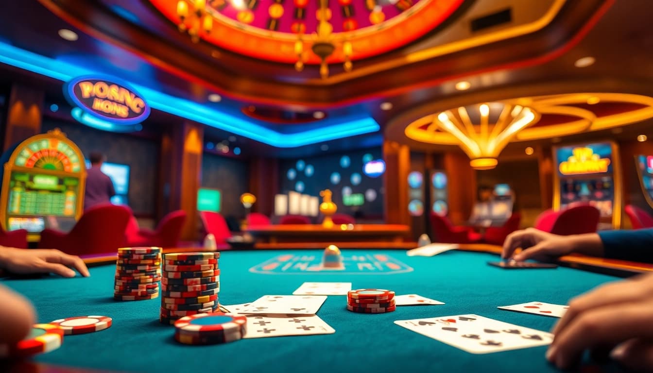 Hi88 classic poker table with vibrant chips and an exciting roulette wheel.