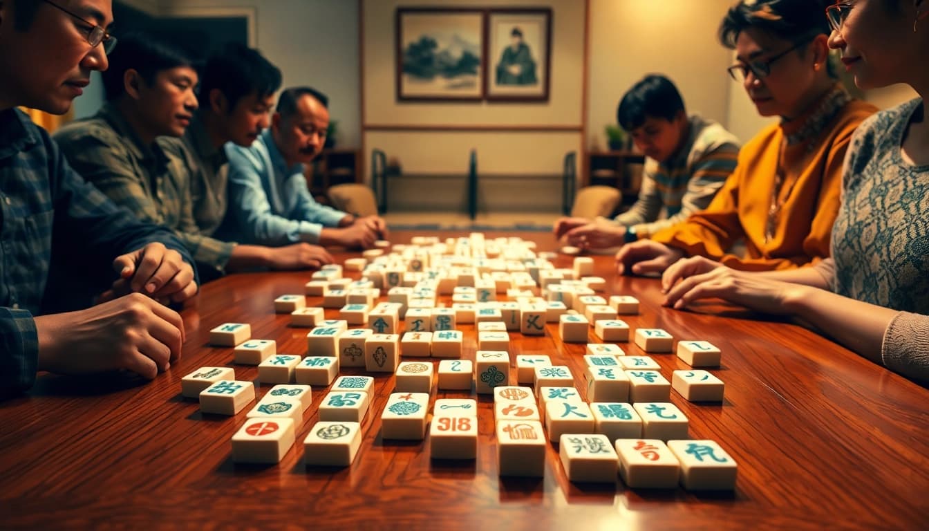 Mahjong game being played with beautifully crafted tiles in a cozy setting.
