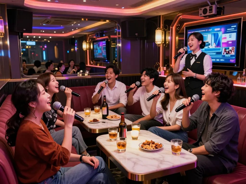 Experience vibrant nightlife at https://www.gangnamtune.com with friends enjoying karaoke in a luxurious private booth.