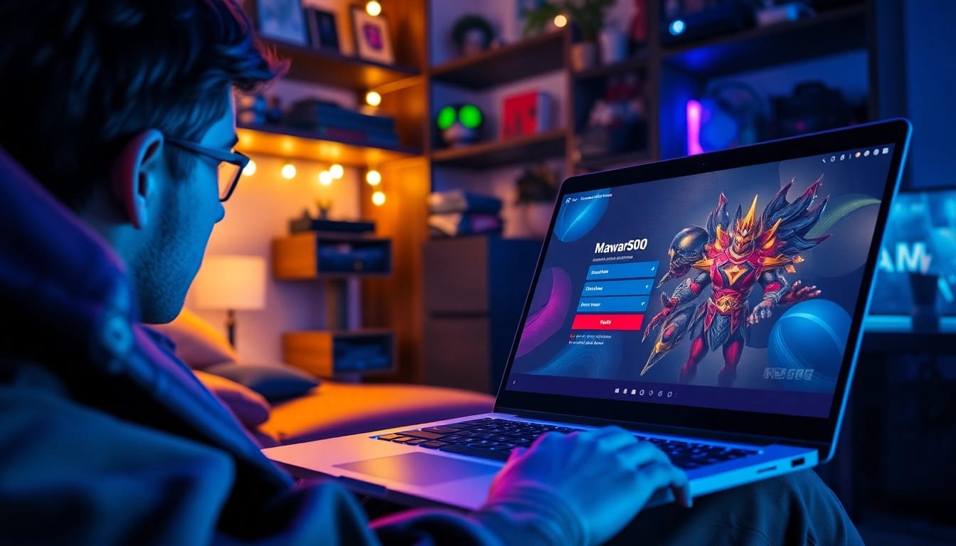 Masuk ke mawar500 login game dengan fokus pada pemain yang asyik bermain di sudut gaming yang nyaman.