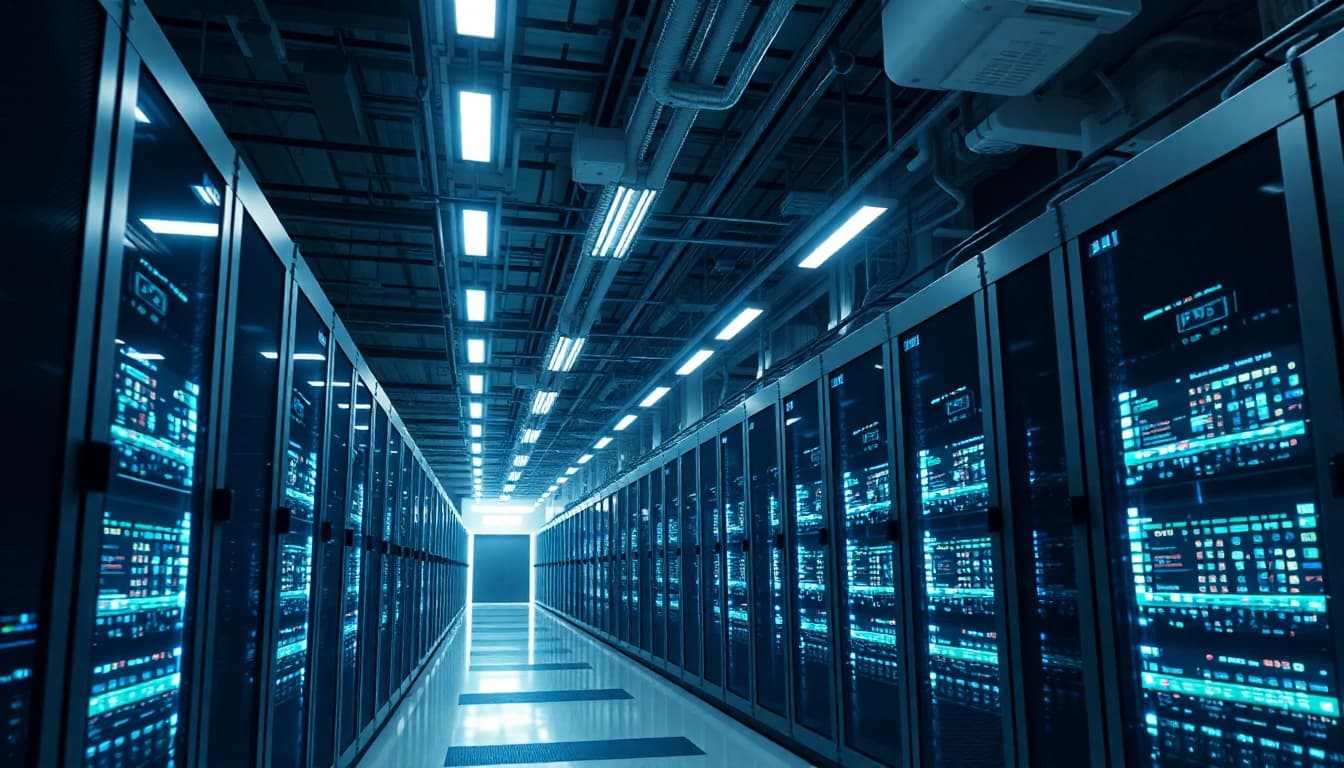 Dynamic facility showcasing advanced cloud crypto mining technology with real-time data displays.