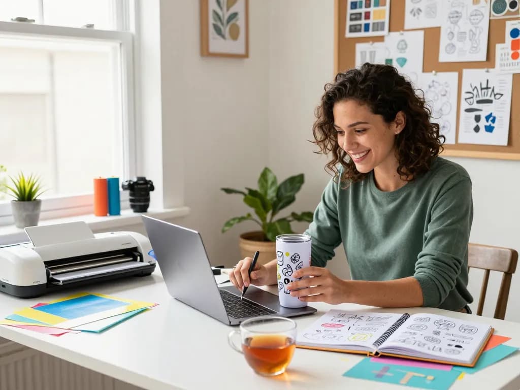 Crafting with SVG files in a creative home workspace, showcasing a joyful designer.