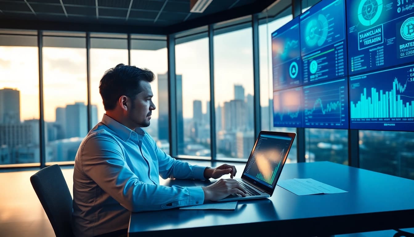Crypto CFO analyzing financial data in a modern office setting with blockchain visuals.