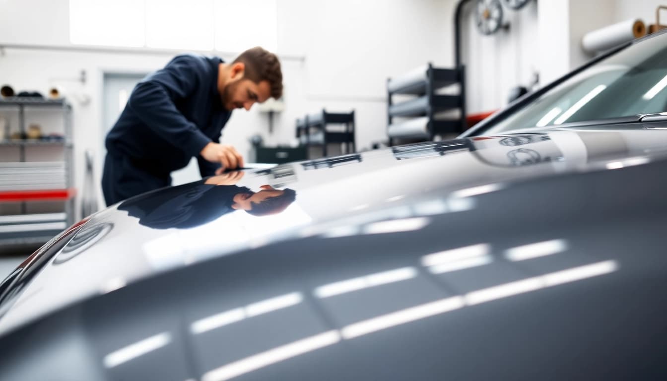 Applying paint protection film near me to a car in a bright automotive workshop.