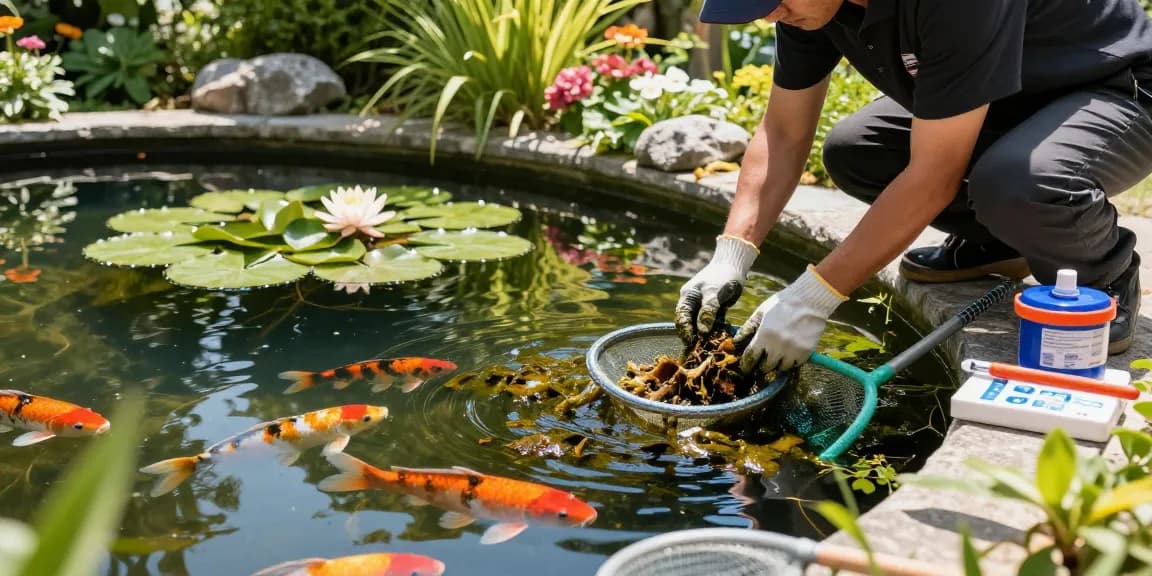 Pond Clean Sussex services being performed by a technician in a vibrant garden pond with koi fish.