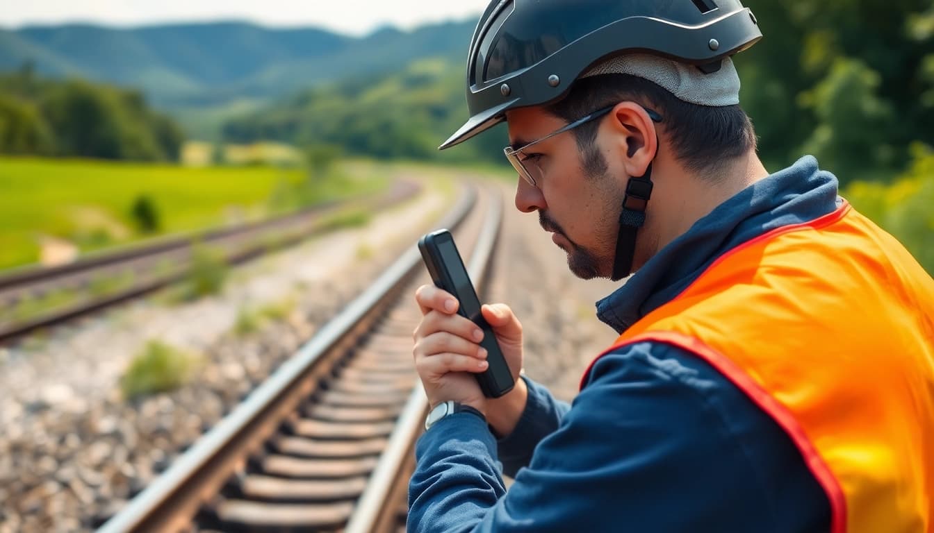 Railway inspector performing Track Inpection with safety gear, highlighting dedication and attention.