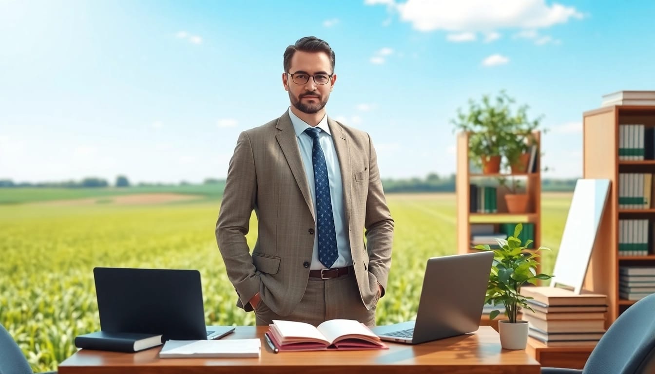 Agriculture lawyer advising clients in a sunlit farm office, surrounded by agricultural documents.