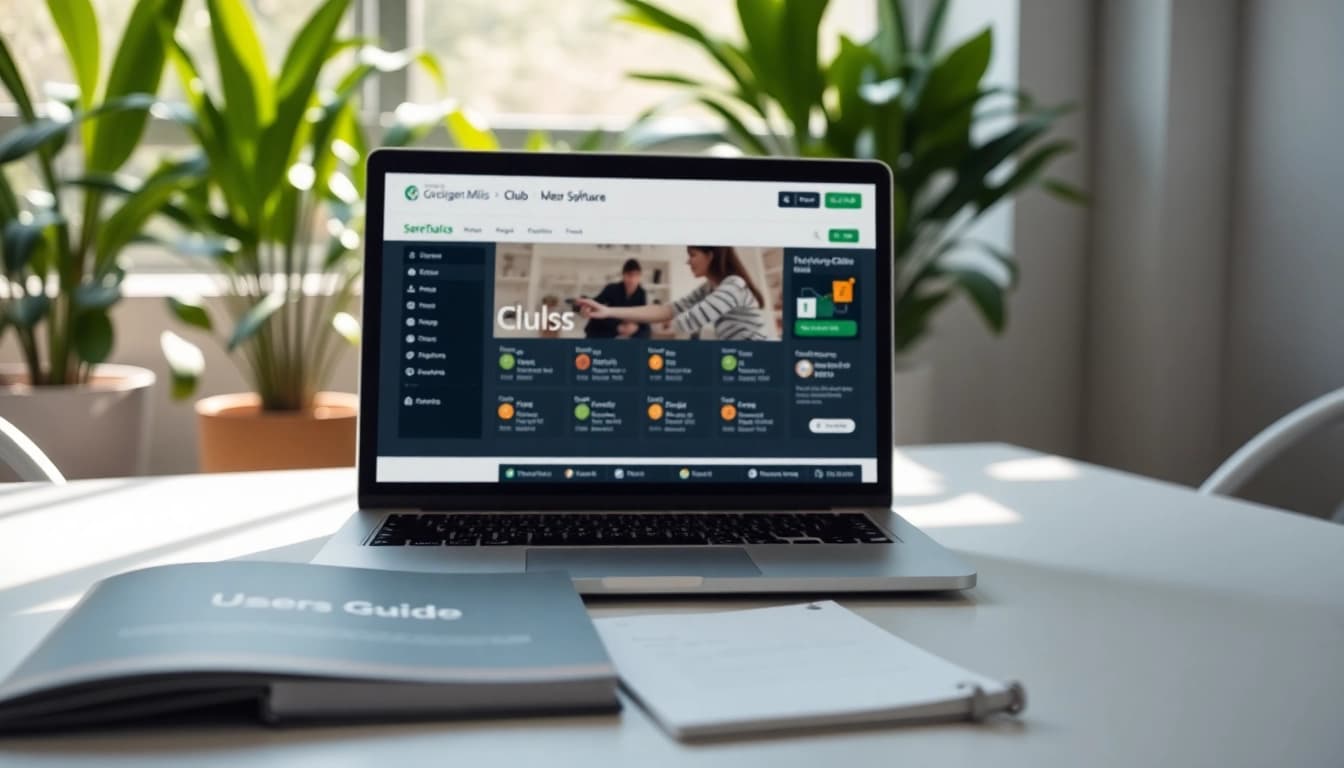 Showcase of online club software on a laptop, highlighting user engagement and modern design.