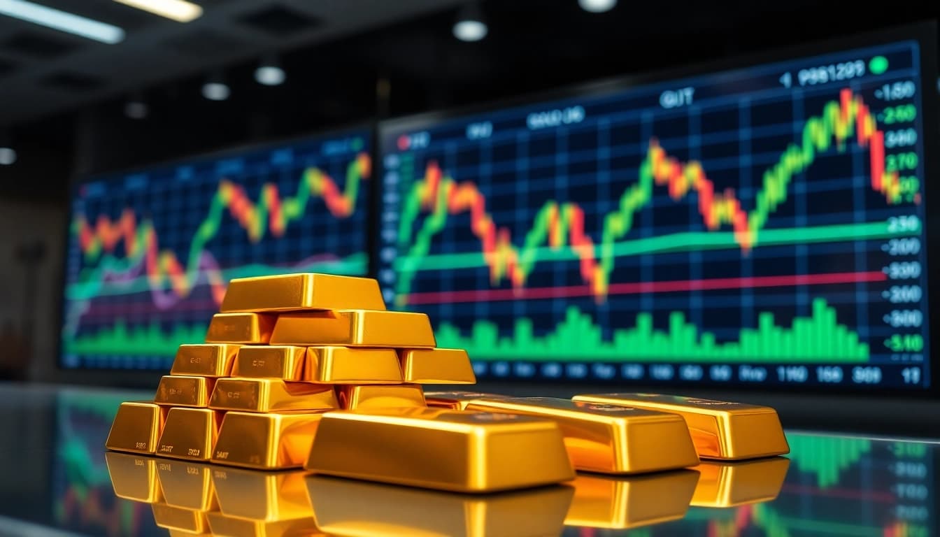 Visualize gold price today with gold bullion bars and trading screens in a vibrant market.
