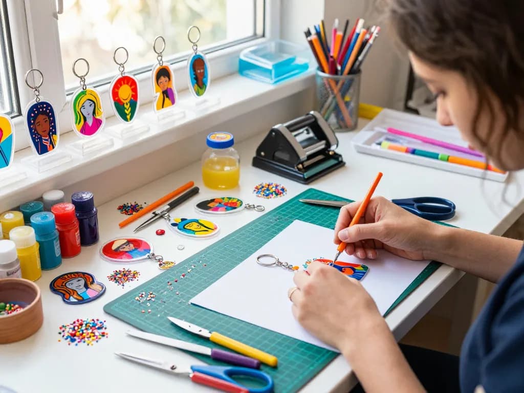Custom acrylic keychains being crafted by an artist in a vibrant studio, showcasing creativity and individuality.