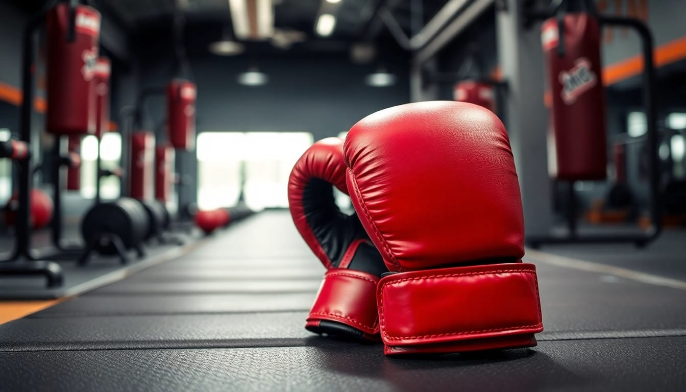 Professionelle MMA gloves auf einer Trainingsbank im Fitnessstudio, die die Qualität und Handwerkskunst zeigen.
