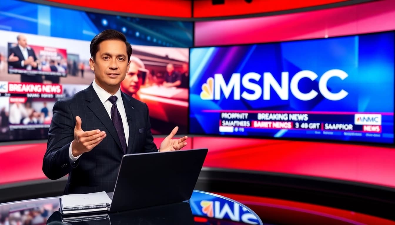 Catch MSNBC Live Stream updates from a professional news anchor on a modern set.
