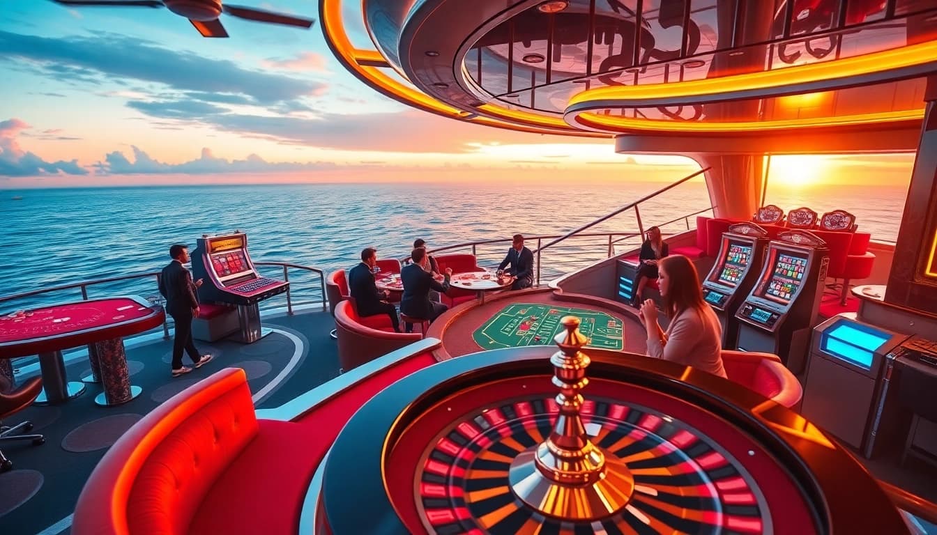 Experience the thrill at XX88 Boats with vibrant casino games and glamorous players enjoying their bets.