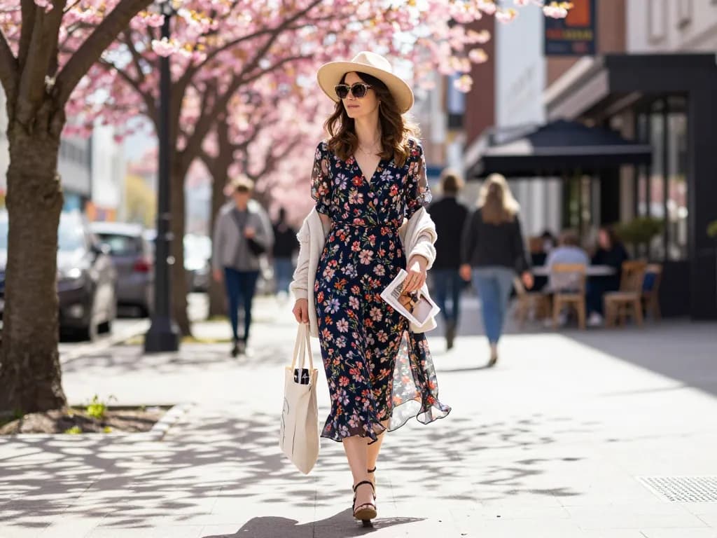 Fashionable individual in dresses in spring strolling through urban street lined with cherry blossoms.