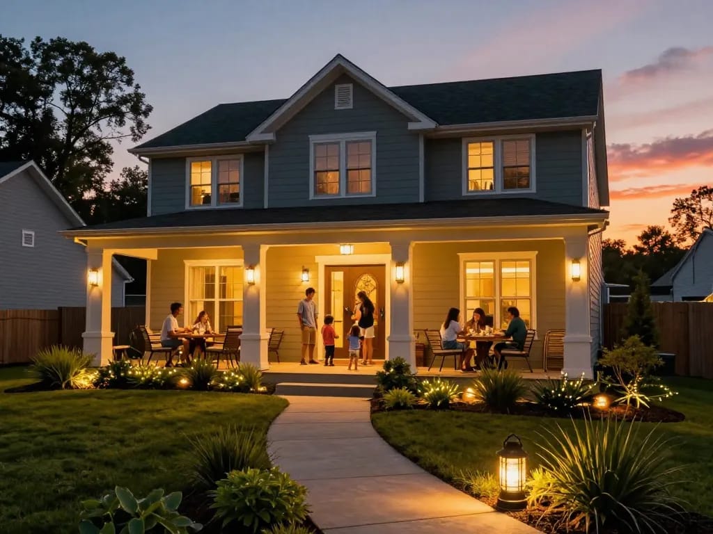 Dusk to dawn outdoor lights illuminating a charming home, creating a warm family atmosphere.