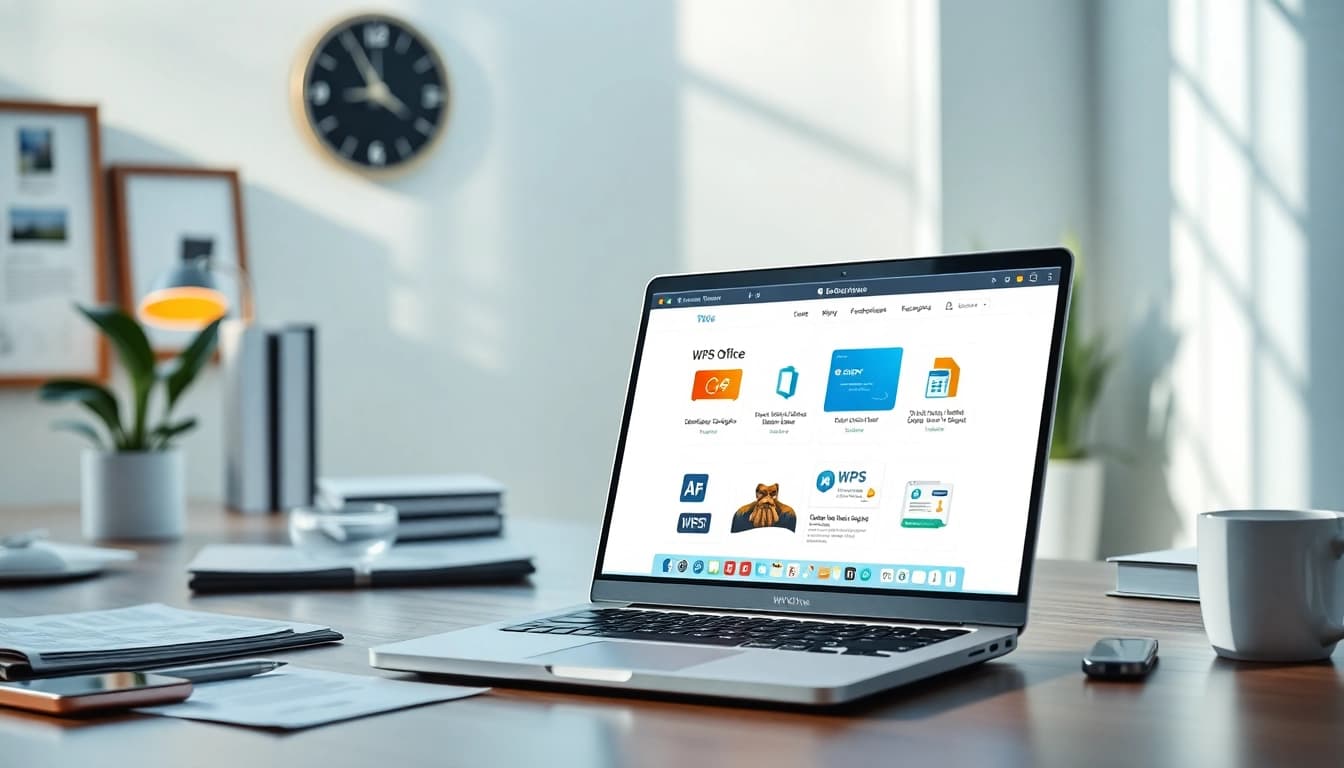 在现代办公室场景中,笔记本电脑上展示多种 WPS Office 应用的 WPS 下载。