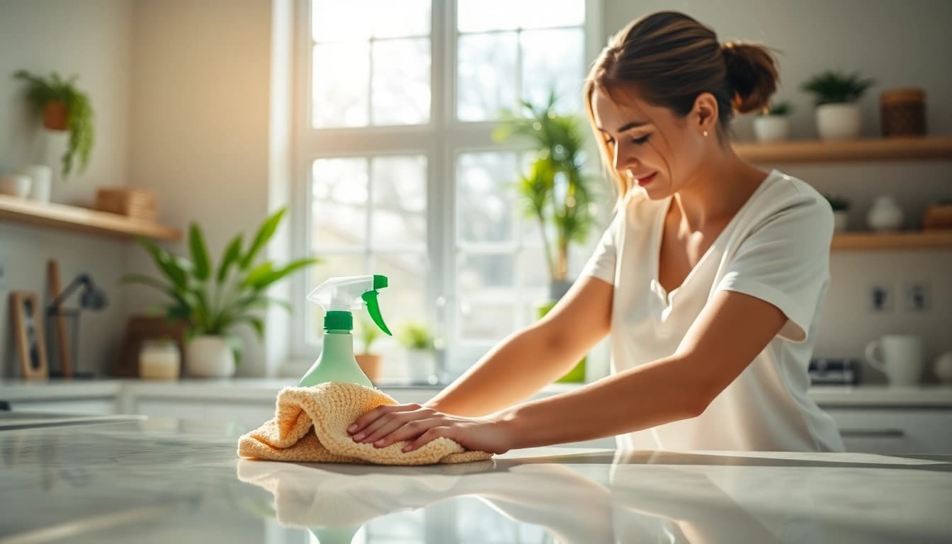 Delivering a quality cleaning service in a bright, organized kitchen environment.