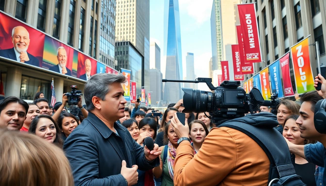Reporting breaking news at https://news-parade.com.ua with a journalist amidst an excited crowd.