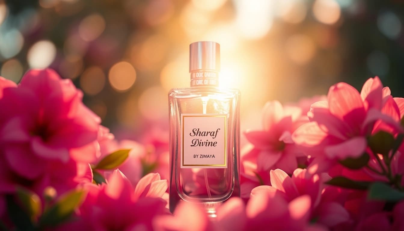 Ontdek de schoonheid van Sharaf Divine by Zimaya met een elegant parfumfles en bloemen.