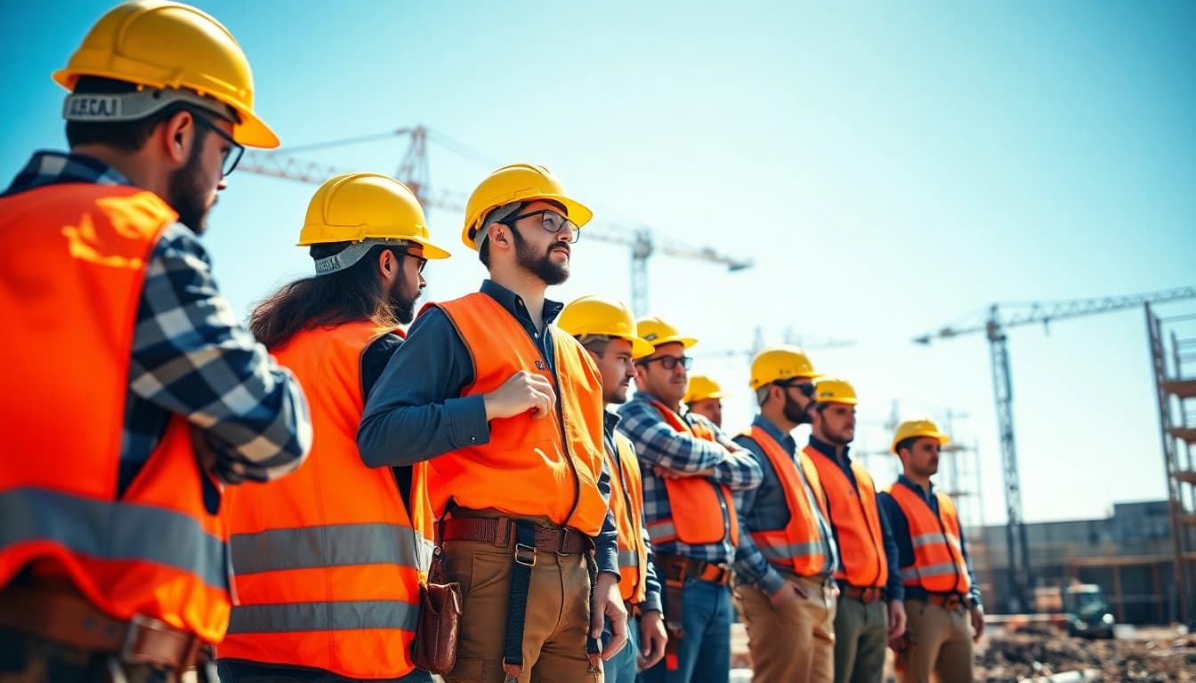 Engaged construction professionals learning construction safety training techniques in a vibrant job site setting.