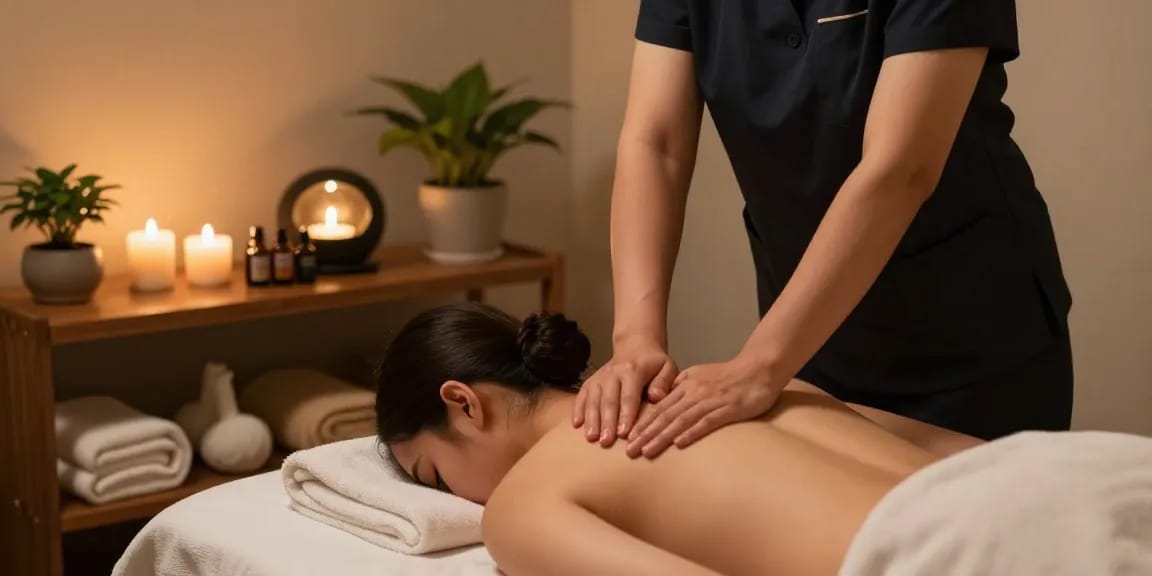 마사지 테라피 중인 프로 마사지사와 편안한 환경 강조
