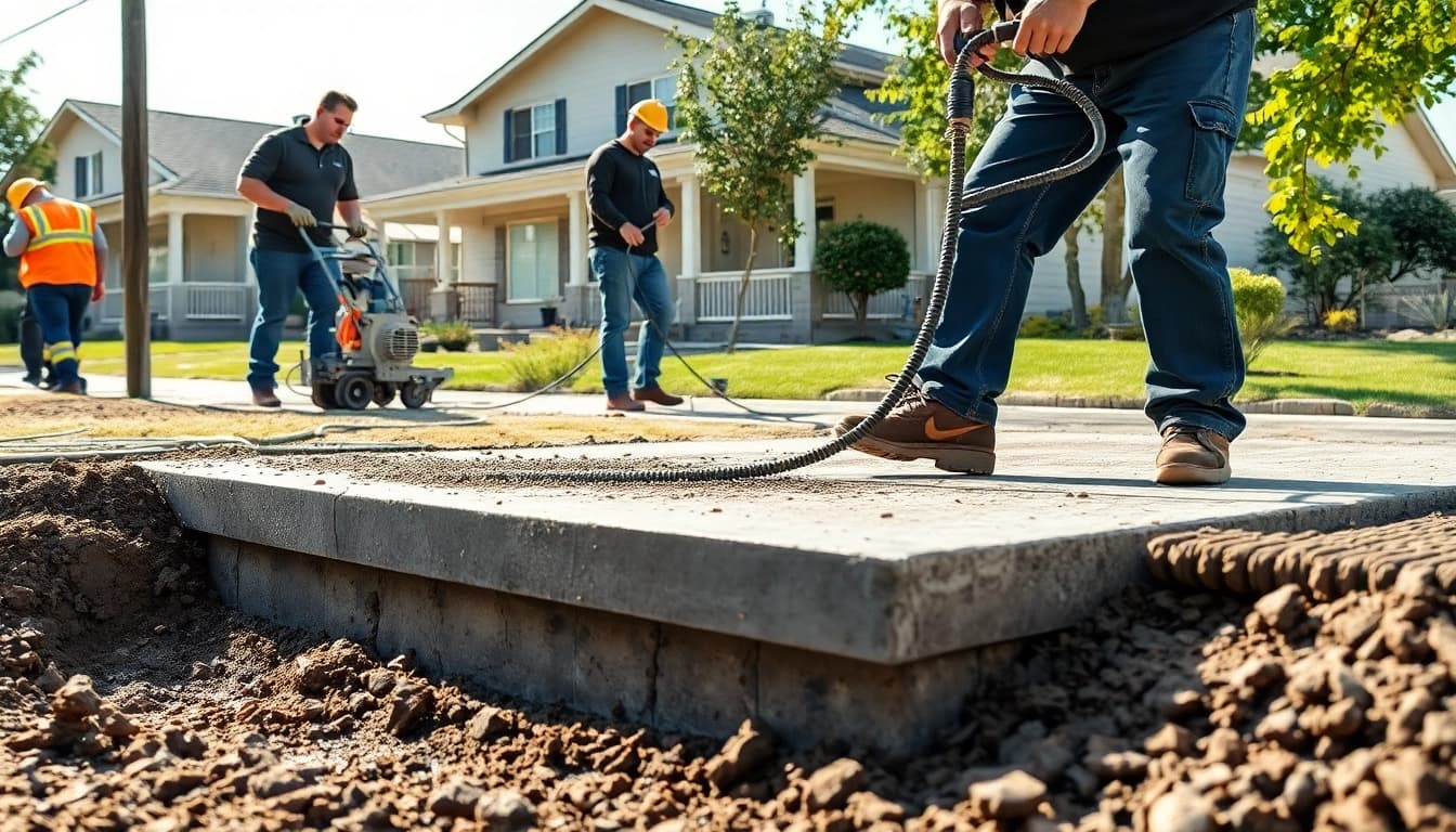 Mudjacking technicians skillfully lifting a sunken slab, showcasing professional techniques in action.