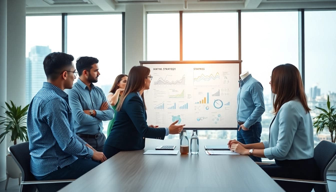 Engaging professional business discussion in a modern office setting with diverse participants.