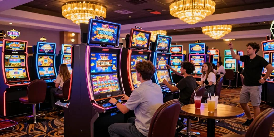 Friends playing slot machines in a lively casino environment filled with colorful lights.