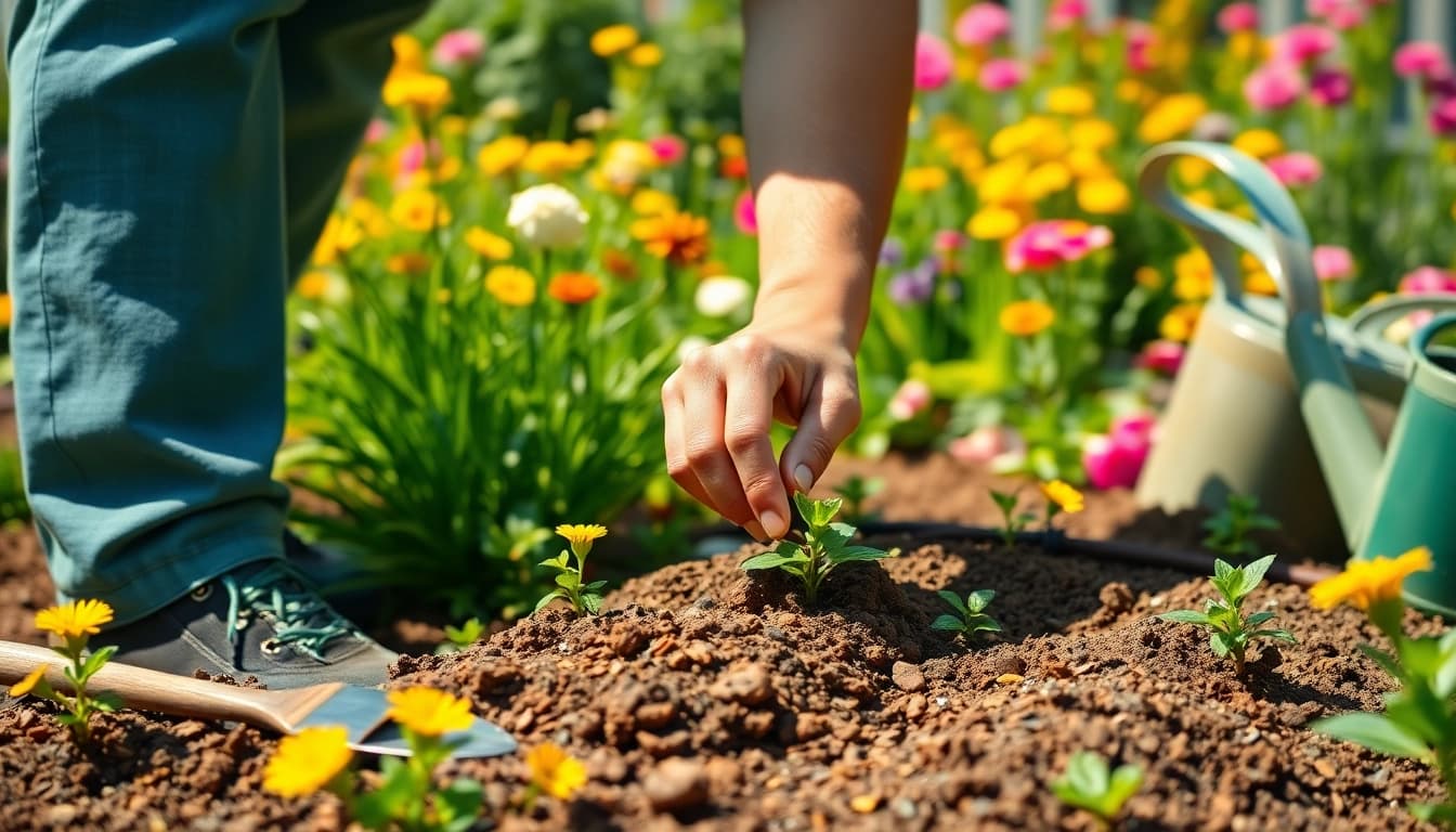 Gardening enthusiast planting seeds in a colorful garden with vibrant flowers.