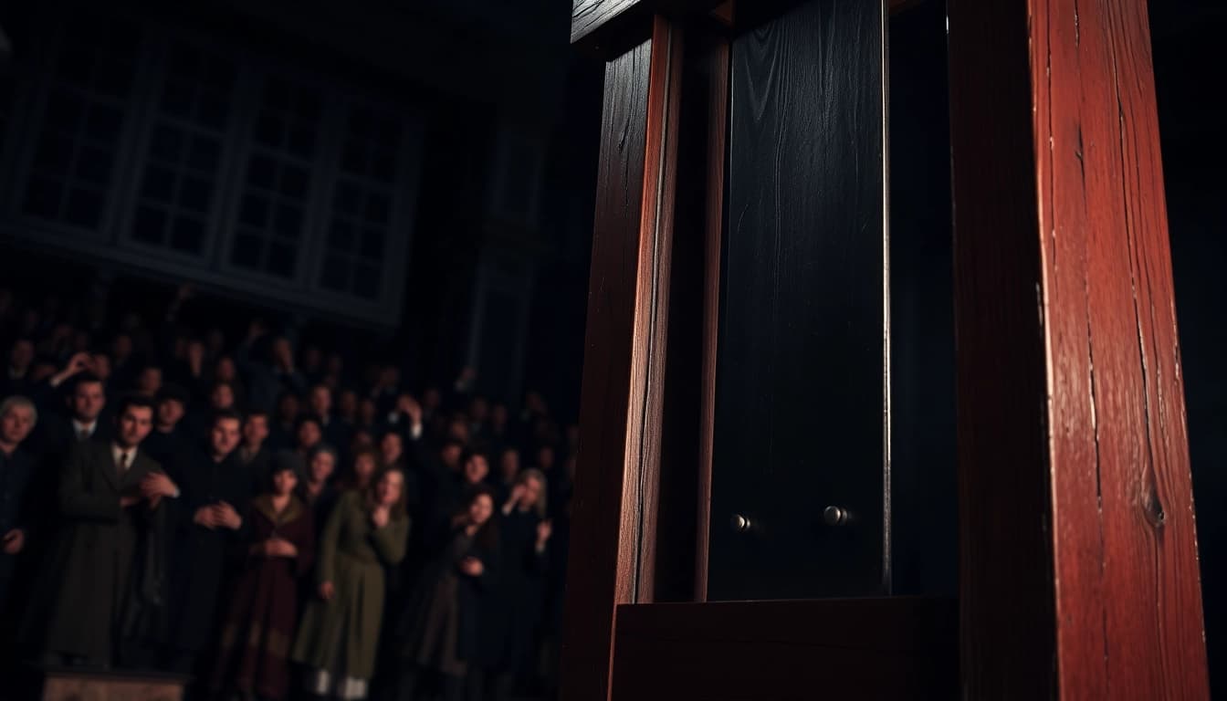Depicting the guillotine origin phrase historically, this image shows its complexity and grim nature.