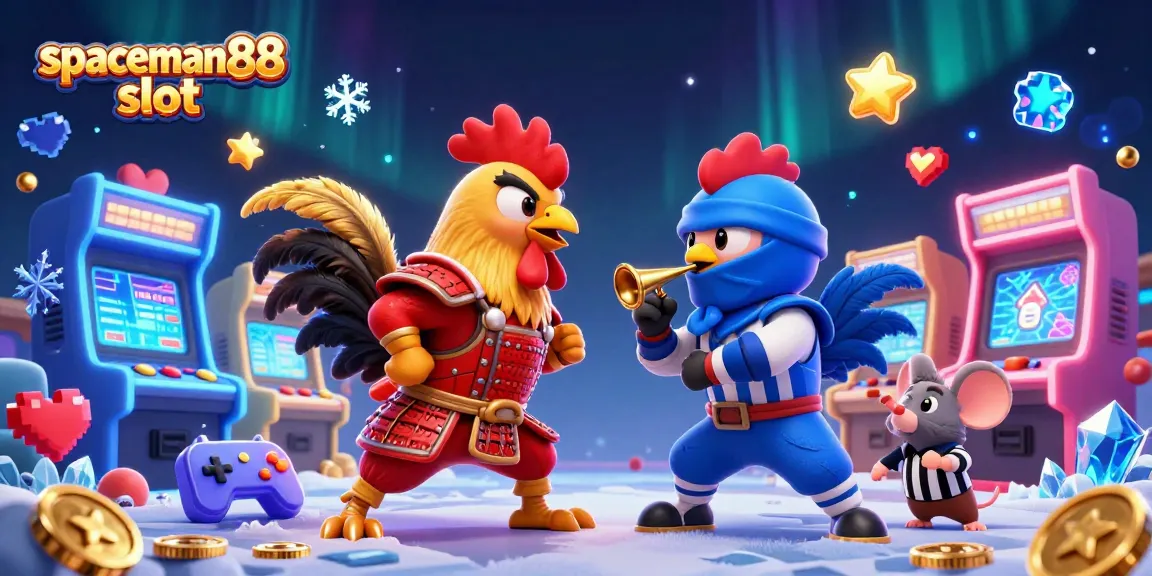 Experience the thrilling showdown of twin roosters in samurai and ninja attire with a background of vibrant arcade elements in spaceman88 slot.