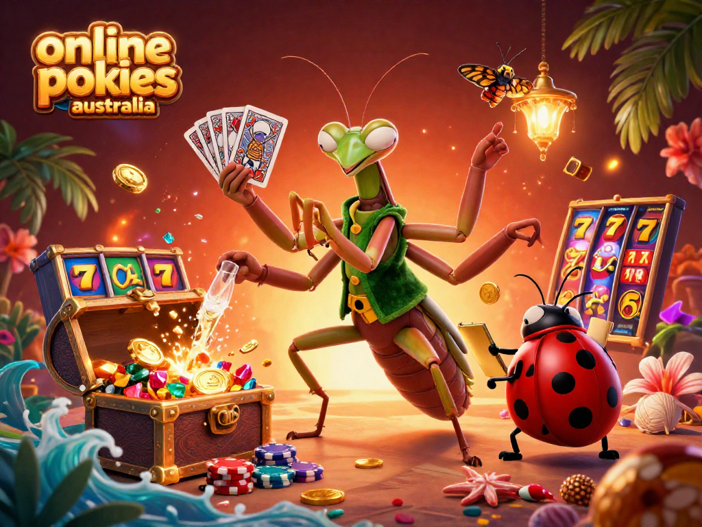 Explore online pokies Australia with a vibrant scene featuring animated casino elements and characters.