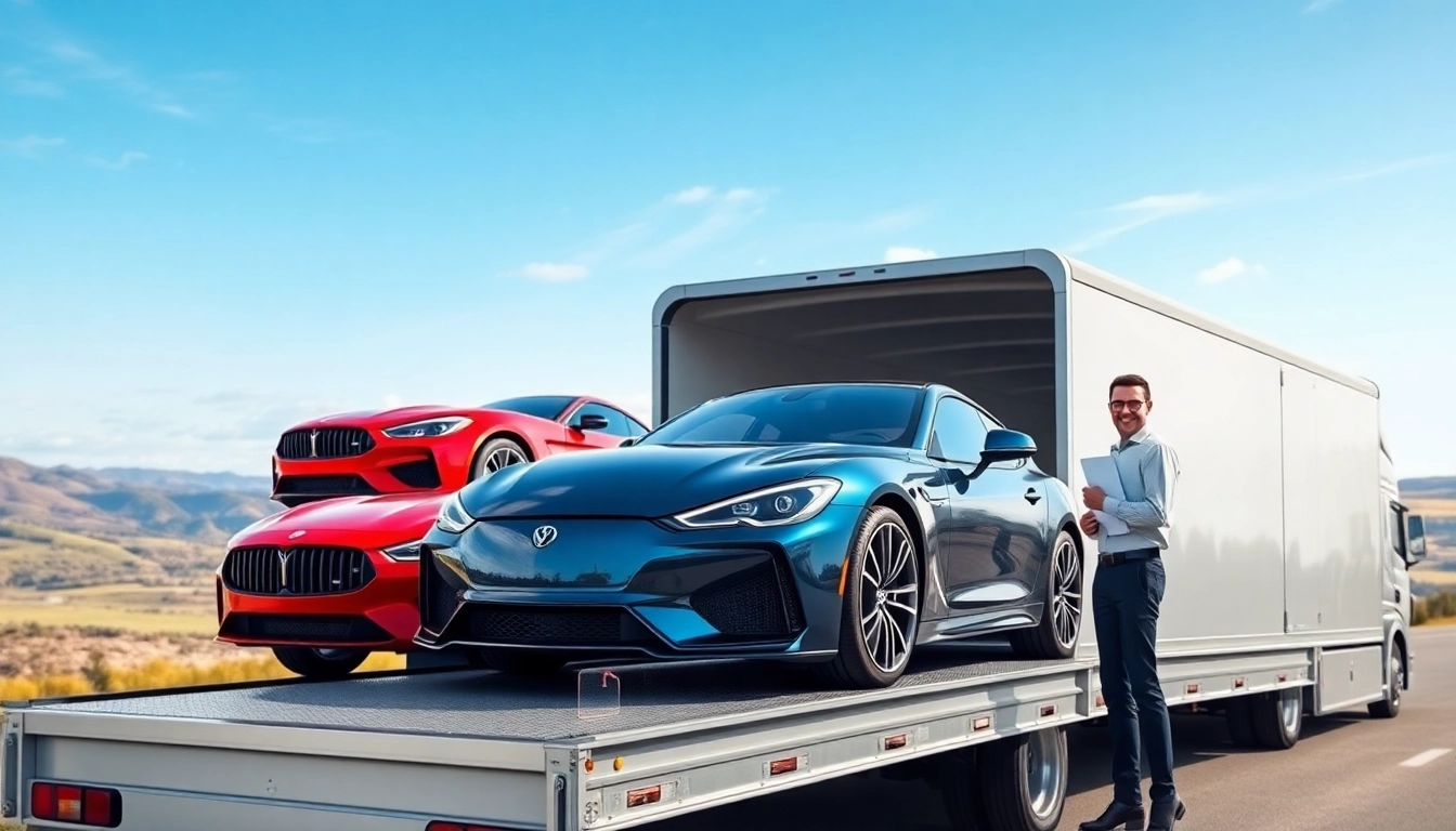 Showcase professional car shipping service at https://luxuryautocarriers.com with luxury vehicles in a scenic landscape.