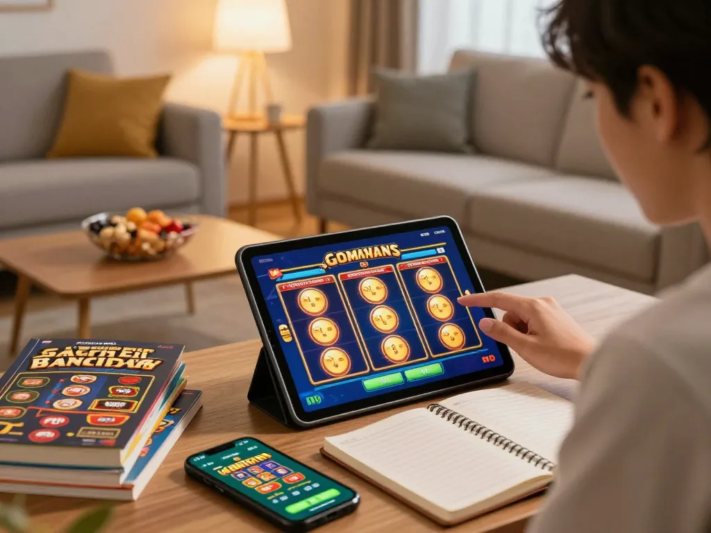 Playing online slot gacor gampang menang on a tablet in a cozy living room setting.