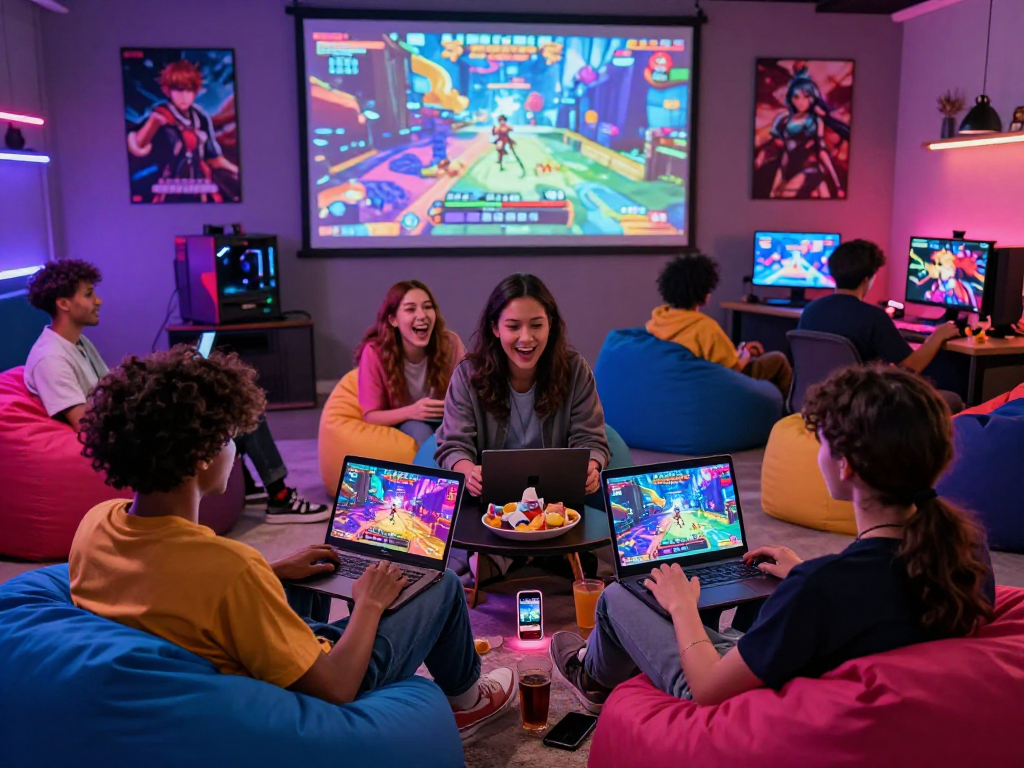 Engaged gamers exploring a colorful hentai game in a vibrant gaming lounge