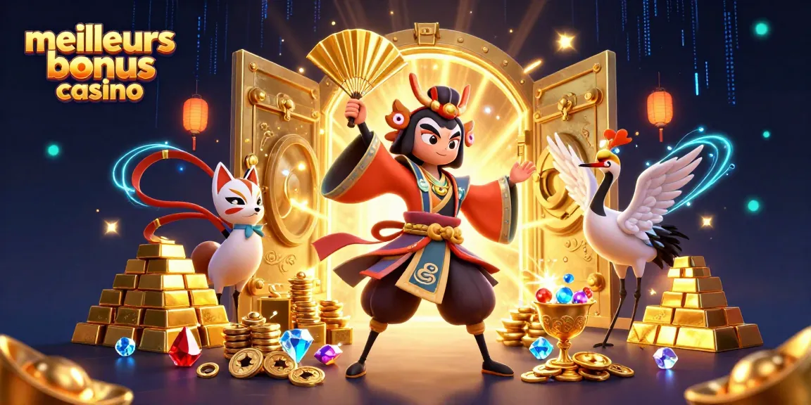 Visualisez les meilleurs bonus casino dans une scène riche et dynamique remplie de trésors et personnages captivants.