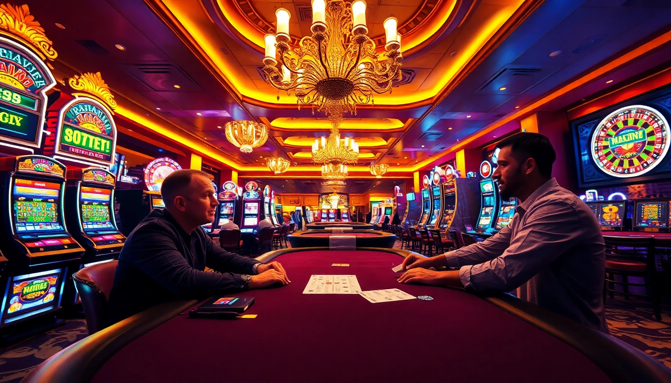 RAJABARONG poker players engage with vibrant casino elements, showcasing the thrill of gaming.