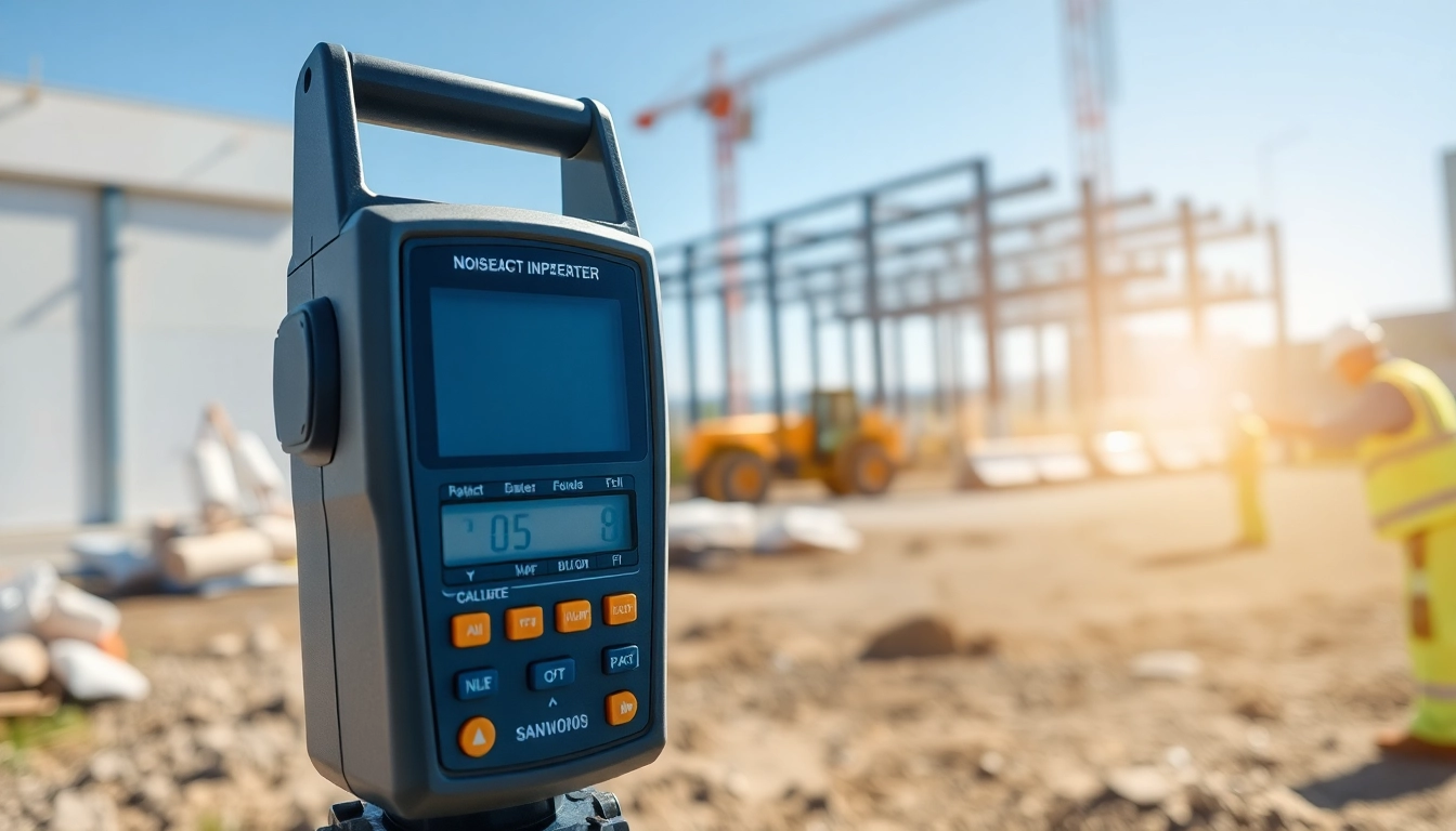 Performing a noise impact assessment with measurement equipment at a bustling construction site.