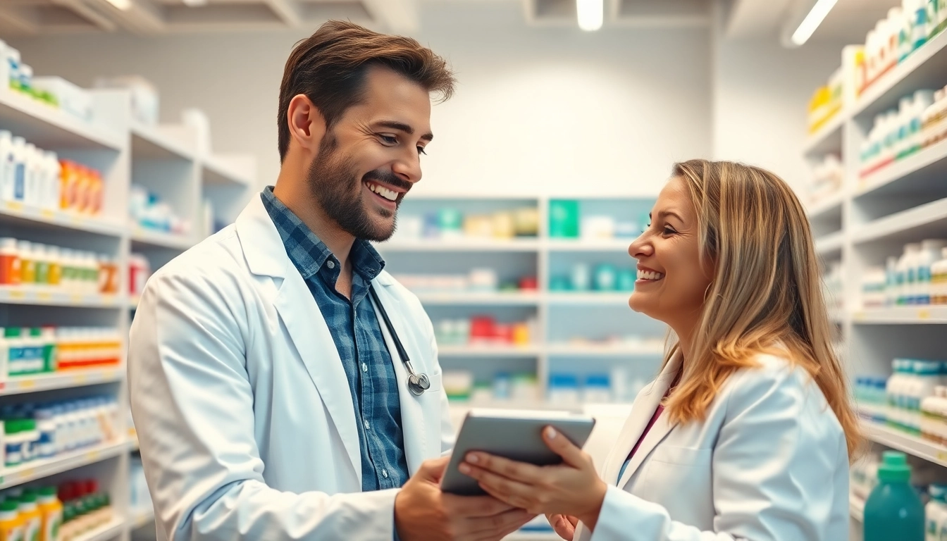Shop at an online pharmacy, featuring a pharmacist assisting customers in a bright and welcoming setting.