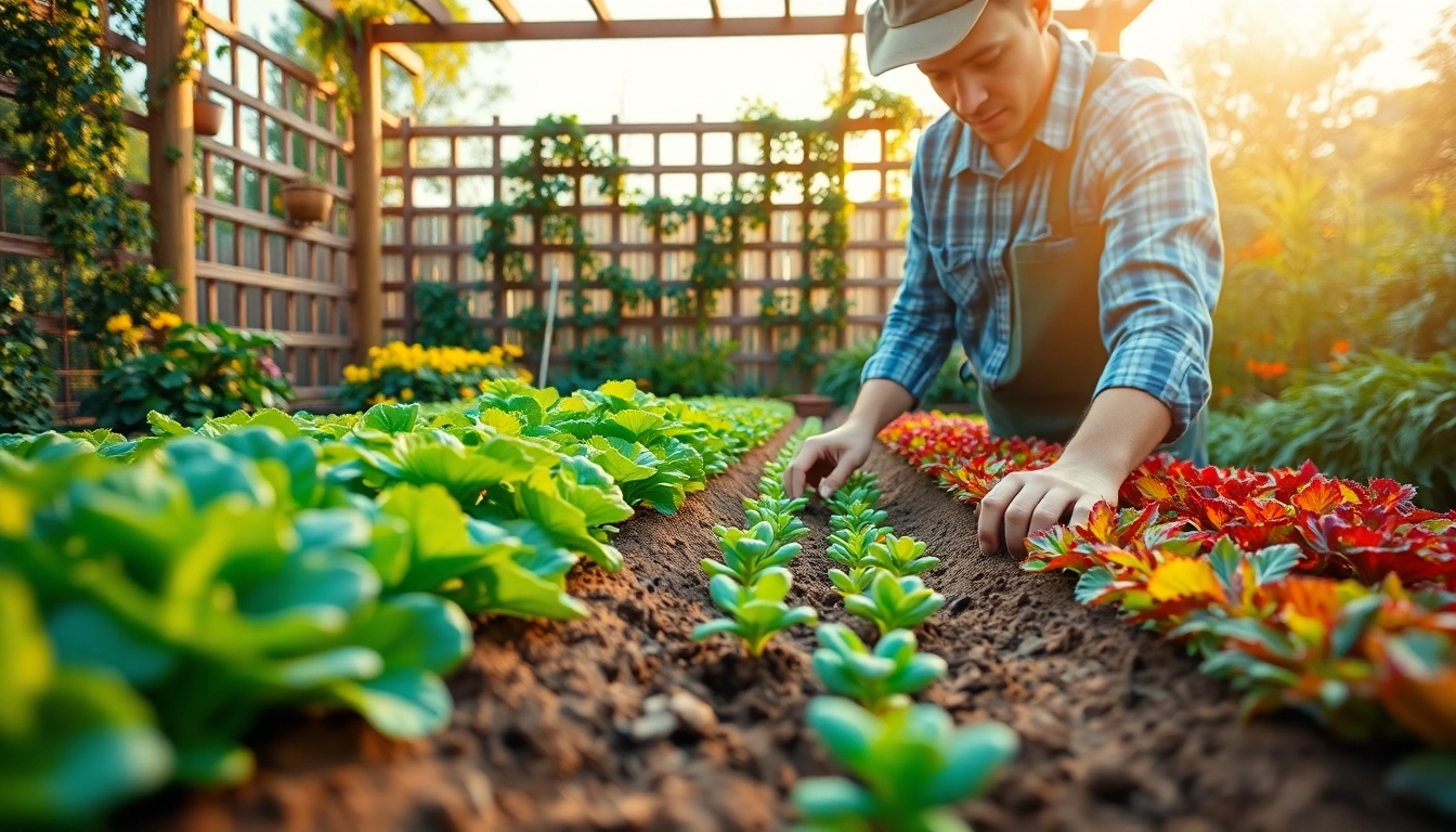 Gardening enthusiast cultivating a colorful vegetable garden under bright sunlight.