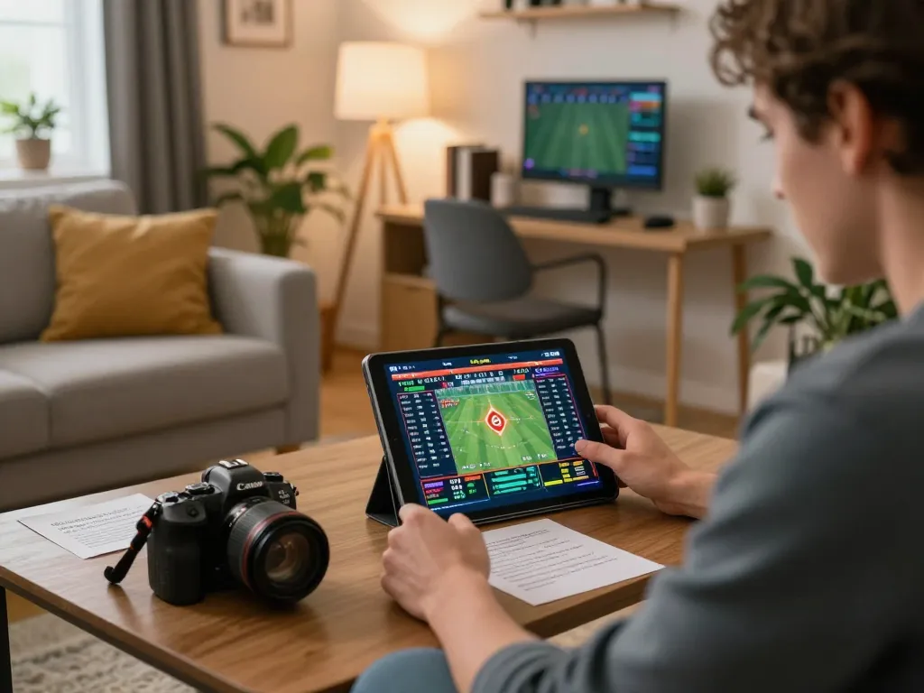 Player engaging in online betting with sunwin tablet on the table, showcasing an exciting sports betting moment at home.