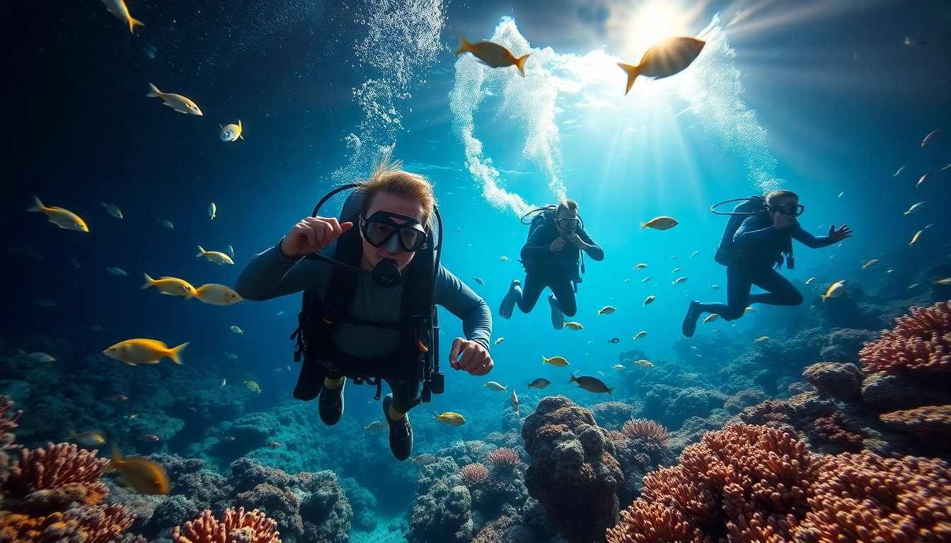 Divers at https://marvinscubaexpeditions.com exploring vibrant coral reefs teeming with marine life.