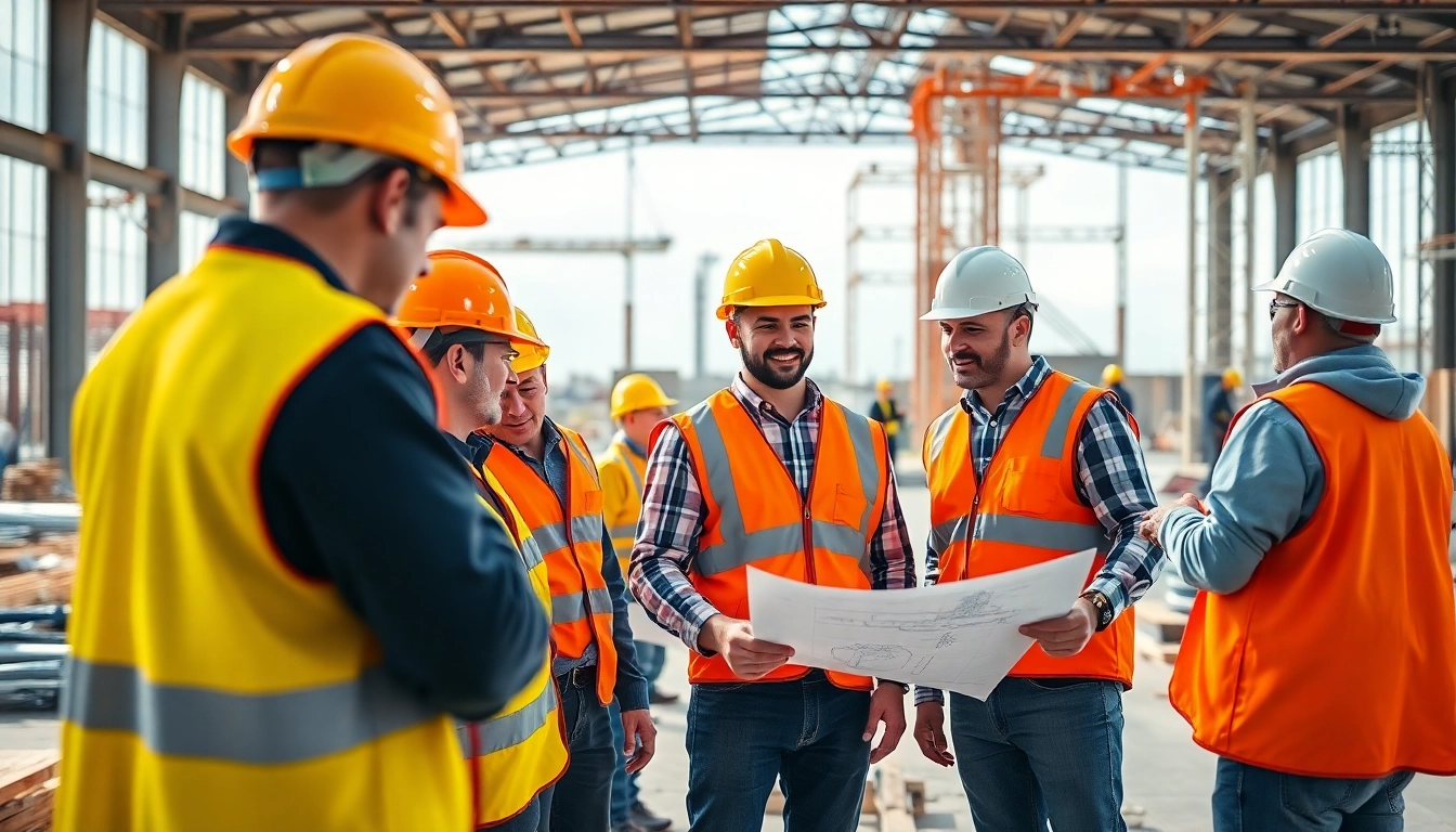 Workers collaborating on a blueprint at a construction membership association site.