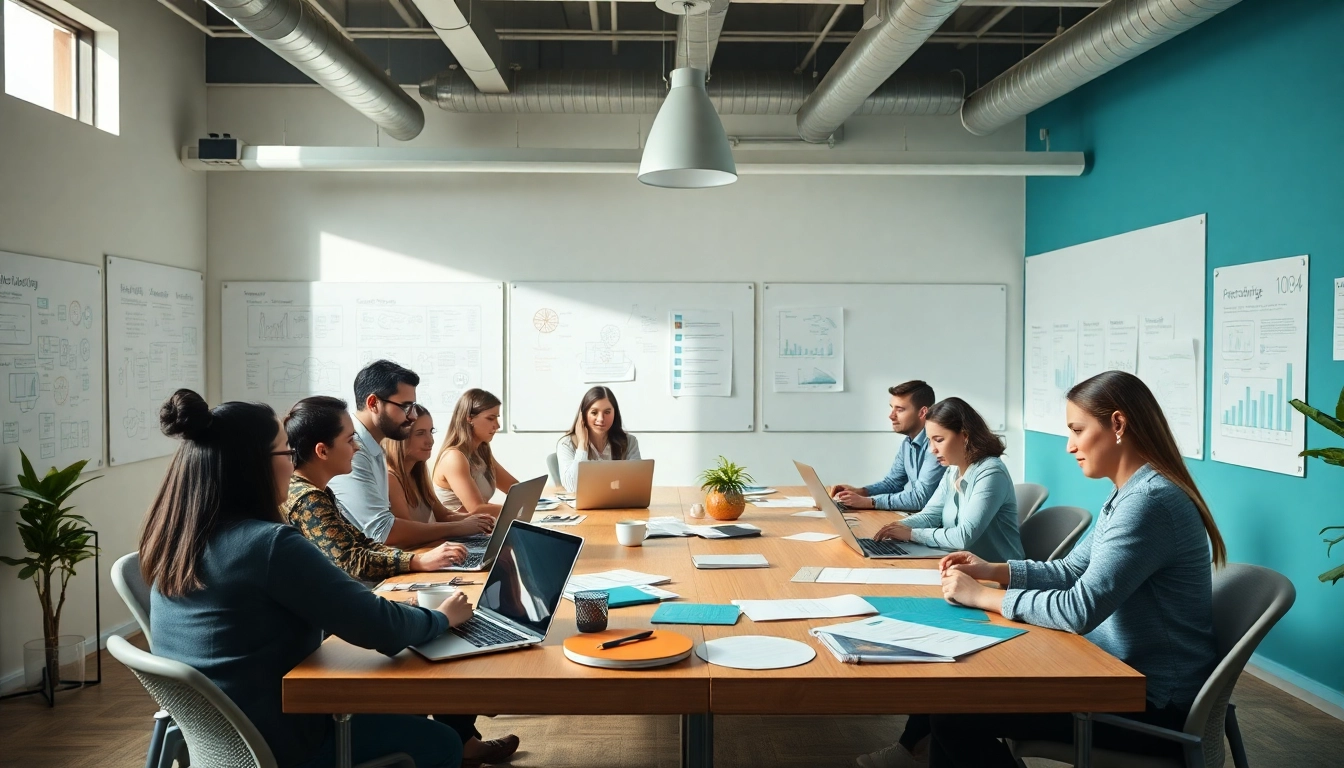 Media agency team collaborating in a professional workspace, focusing on creativity and engagement.