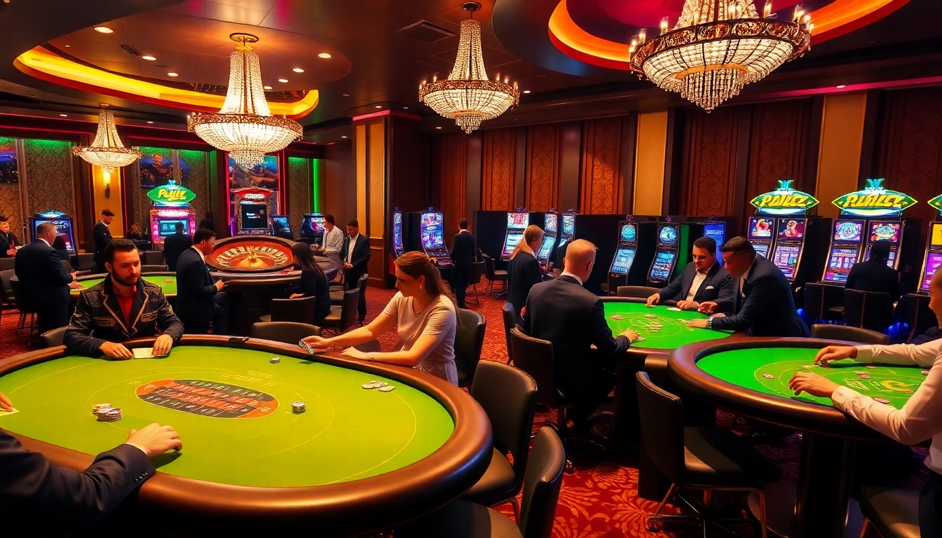 KJC casino scene featuring luxurious gaming tables and vibrant roulette wheel, showcasing excitement.