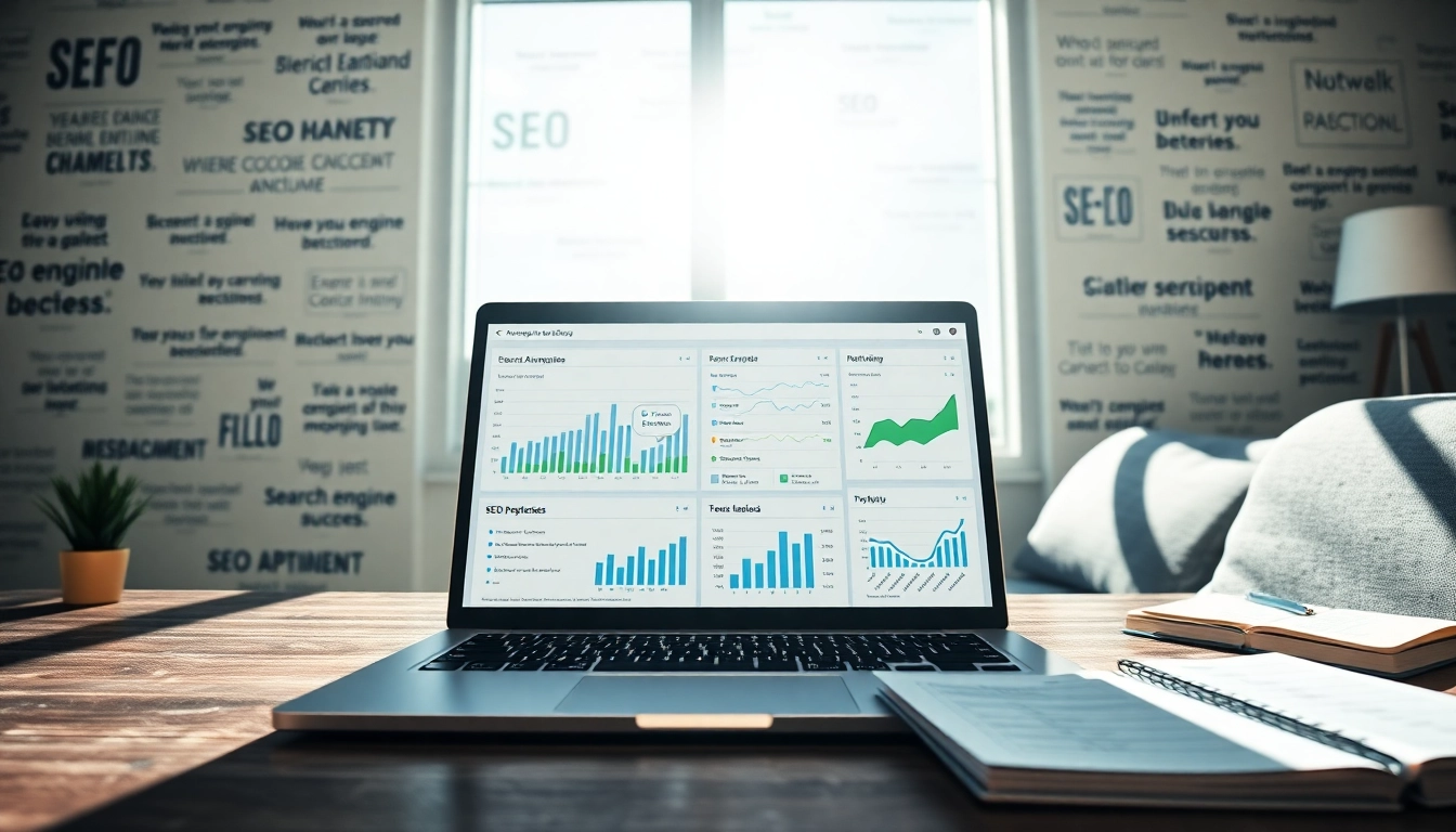 Enhance your SEO strategies with a vibrant digital marketing scene showcasing analytics.
